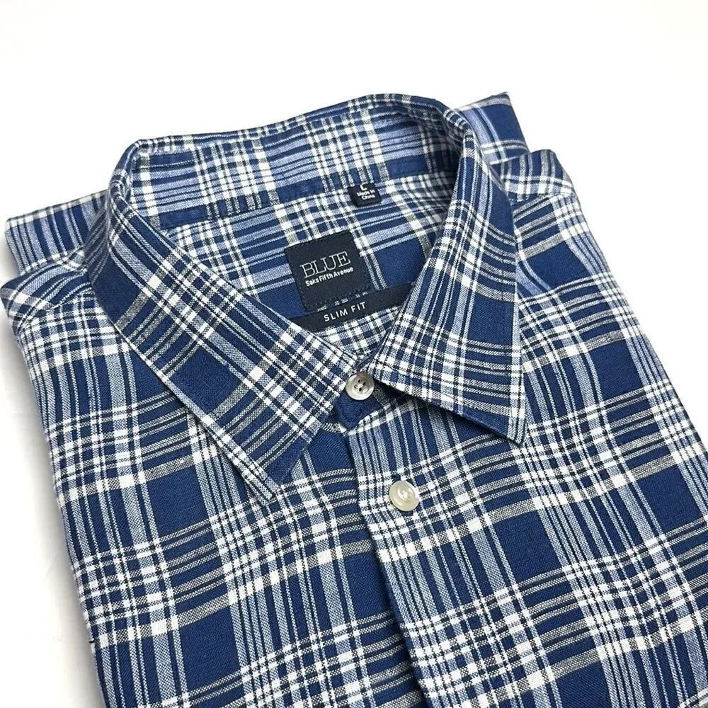 BLUE by Saks Fifth Avenue Plaid Linen Button Down Shirt Blue White Slim Fit L